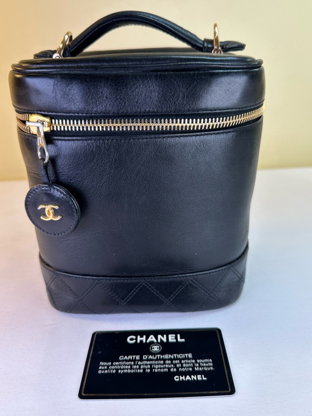 CHANEL Vanity Case Black Leather 24K GHDW Sticker Card #2 1991-94 COA